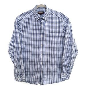 Johnston & Murphy Shirt Mens Large Blue Check Plaid Button Up Long Sleeve Cotton